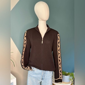 Vintage St. John Wool Blend Zip Cardigan Sweater Leopard Print Trim Knitwear M