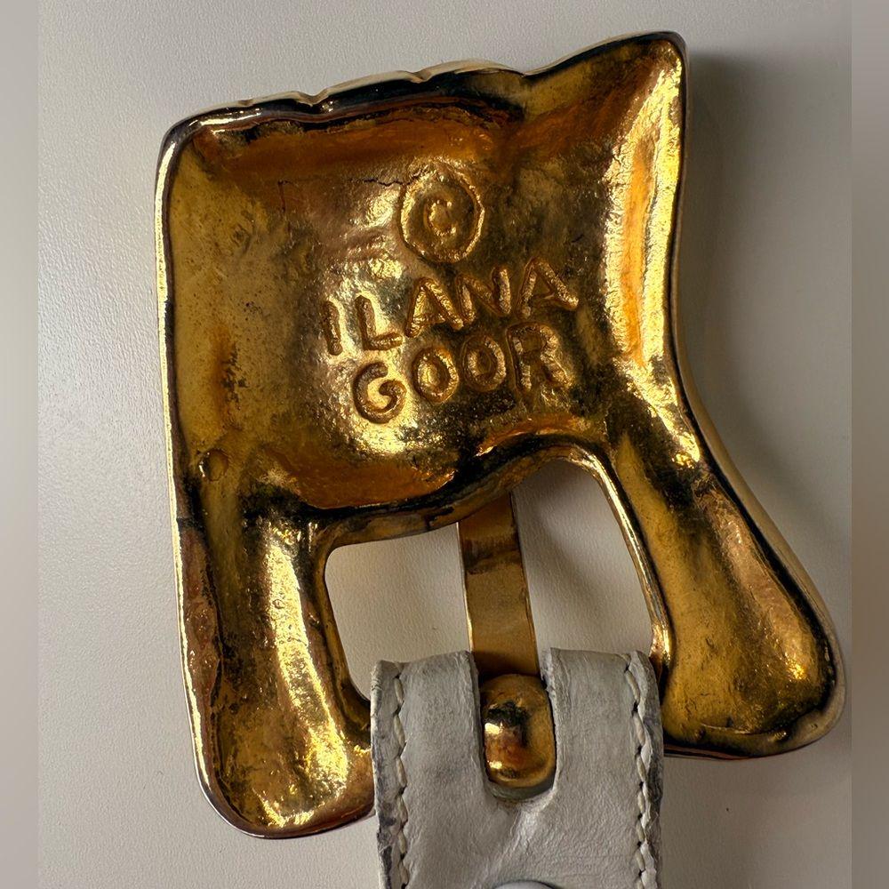 Ilana Goor White Leather Belt Sculptural Gold Buckle Vintage  display picture 2