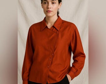 Vintage Yessica by C&A 100% Silk Rust Orange Asymmetrical Button Blouse (US 12)