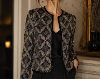 Vintage Papell Boutique Silk Beaded Evening Jacket Black Gold Art Deco Cocktail Wedding Mother of Bride Open Front Size Small