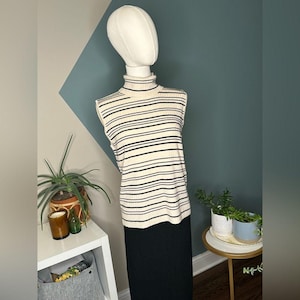 Vintage Jones New York Striped Sleeveless Turtleneck Sweater L Merino Wool
