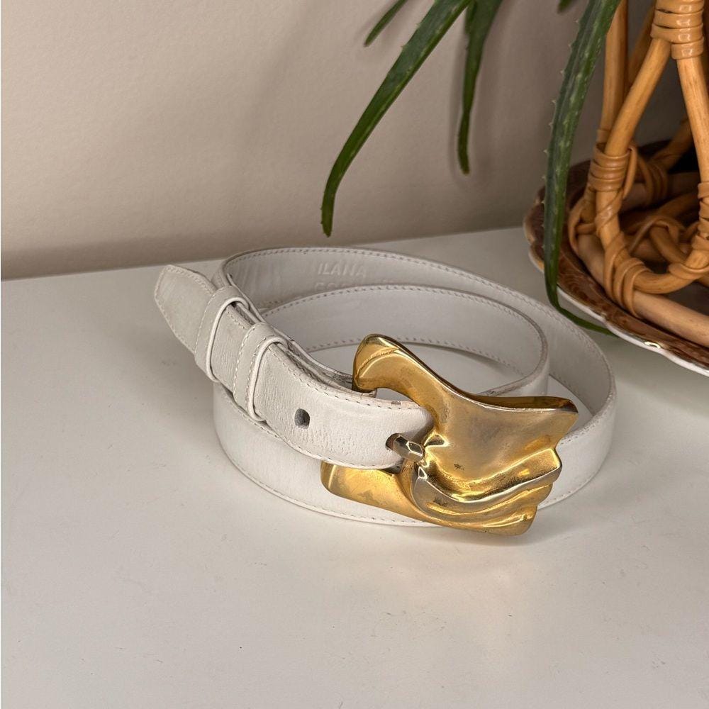Ilana Goor White Leather Belt Sculptural Gold Buckle Vintage  display picture 3