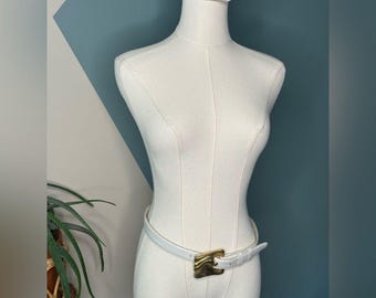 Ilana Goor White Leather Belt Sculptural Gold Buckle Vintage 