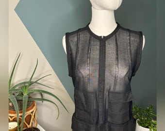 Black Sheer Utility Vest Layering Piece Linen Zip-Up Sleeveless Top Size Small