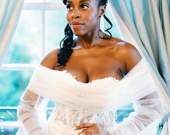 Custom Mermaid Wedding Dress Long Sleeve with Corset Strapless Wedding Gown with Sleeves Vintage Inspired Wedding Dress with Long Train