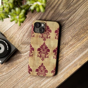 Vintage Design Phone Case for iPhone 16, 15, 14, 13, Pro, Samsung S24, S23, S22, Gold and Red, Damask Pattern, Vintage, Vintage Phone Case