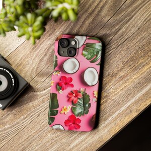 Coconut Phone Case for iPhone 16, 15, 14, 13, 12 Pro, Samsung S24, S23, S22, Hibiscus Flowers, Tropical Leaves  Beach, Tropical Phone Case