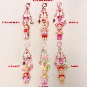 Pu&ograve; includere: Sei portachiavi con piccole bambole con accessori a tema animale. Ogni portachiavi ha una catena rosa o dorata con perline e ciondoli. Le figure sono vestite da fragola, topo, scimmia, coniglio e cerbiatto. Il testo sull'immagine recita "LOPEAR RABBIT".