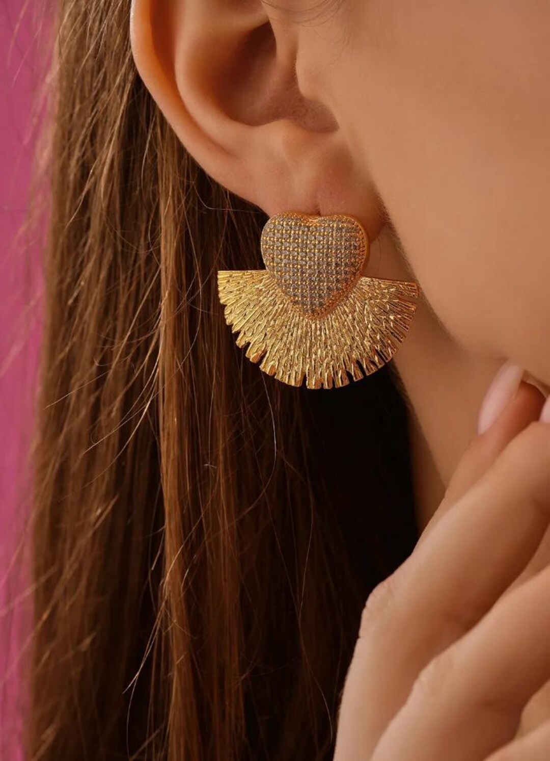 Vip Earring VIP Series Heart & Fan Design Gold Earrings With Zircon Stones ...