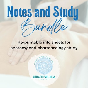 May include: A light blue graphic with the words "Notes and Study Bundle" and the text "Re-printable info sheets for anatomy and pharmacology study." A logo for Contatto Wellness is at the bottom.