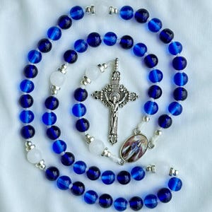 Handmade Catholic Rosary | 8mm Dark Blue Glass Beads | Miraculous Mary | Durable Cord | Silver Tone Medals | First Communion, Confirmation