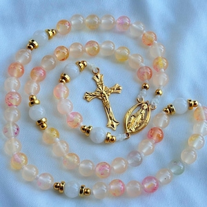 Handmade Catholic Rosary | 8mm Sunset Colors Glass Beads | Durable Cord | Silver Tone Medals | First Holy Communion, Baptism, Confirmation