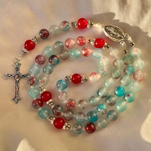 Handmade Catholic Rosary | 8mm Red & Blue Glass Beads | Durable Cord | Gold Tone Medals | First Communion, Baptism, Confirmation Gifts