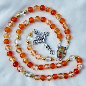 Handmade Catholic Rosary: Orange Glass Beads, Our Lady of Guadalupe