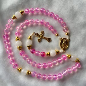Handmade Catholic Rosary | 6mm Pink Speckled Glass Beads | Durable Cord | Gold Tone Medals | First Holy Communion, Baptism, Confirmation