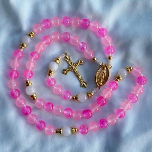 Handmade Catholic Rosary | 8mm Multicolored Pink Glass Beads | Durable Cord | Gold Tone Medals | First Communion, Baptism, Confirmation