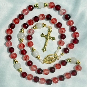 Handmade Catholic Rosary: Red Glass Beads, Silver Tone Medals