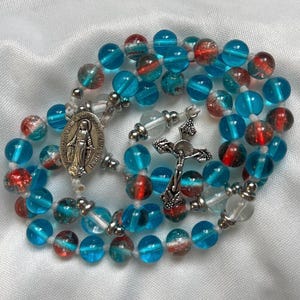 Handmade Catholic Rosary | 8mm Blue and Orange Glass Beads | Durable Cord | Silver Tone Medals | First Holy Communion, Baptism, Confirmation