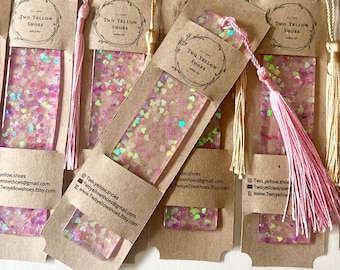 Pink heart holographic glitter resin bookmarks with tassels (5.5"x1")