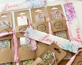 Valentines Day glitter resin bookmarks with tassels (5.5"x1")