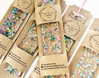 Pink heart and blue holographic glitter resin bookmarks with tassels (5.5"x1")
