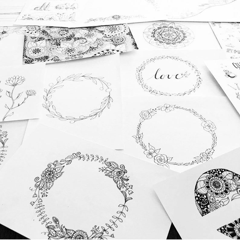 Instant Download hand drawn micron pen floral wreaths
