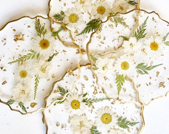 Dried micro flower clear resin coasters with gold flakes and gold leafing on edges (5").