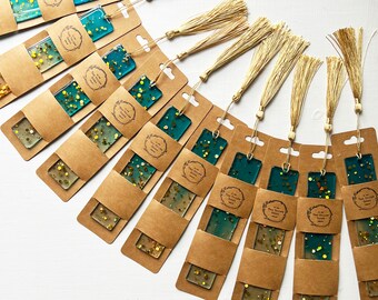 Blue and gold holographic glitter resin bookmarks with tassels (5.5"x1")