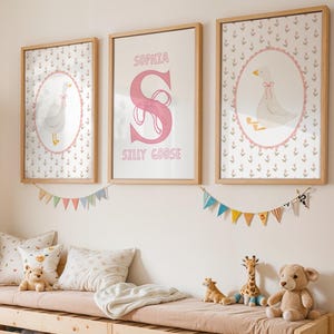 Silly Goose Custom Name Wall Art Set of 3 Girl Nursery Monogram Wall Art Set Custom Initial Goose for Girl Kids Room Decor Digital Download.
