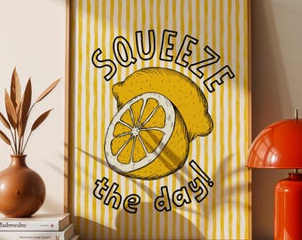 Retro Fruit Wall Art Lemon Kitchen Printable Squeeze the Day Decor Daily Reminder Motivational Print Positive Quote Digital Download.