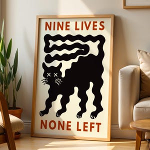 Funny Black Cat Wall Art Nine Lives None Left Print Cat Humor Printable Modern Minimalist Abstract Poster Gift for Cat Lover Digital Print.