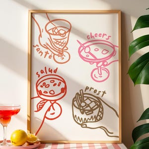 Trendy Proost Sante Prost Salud kunst aan de muur minimalistische Proost poster meertalige toast afdrukbare bar kar keuken eetkamer digitale kunst aan de muur