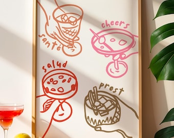 Trendy Cheers Sante Prost Salud Wall Art Minimalist Cheers Poster Multilingual Toast Printable Bar Cart Kitchen Dining Digital Wall Art