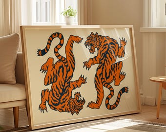 Retro Orange Tiger Wall Art Twin Tiger Wall Art Digital Print Mens Dorm Wall Decor Vintage Tiger Printable Bold Tiger Digital Download.