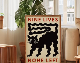 Funny Black Cat Wall Art Nine Lives None Left Print Cat Humor Printable Modern Minimalist Abstract Poster Gift for Cat Lover Digital Print.