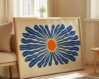 Blue Orange Botanical Wall Art Retro Flower Digital Wall Art Boho Abstract Flower Wall Art for Dorm Mid Century Modern Plant Decor Printable