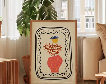 Cute Boho Flower Printable Retro Abstract Floral Wall Art Potted Plant Print  Flower Vase Wall Decor Orange Yellow Flower Digital Download.
