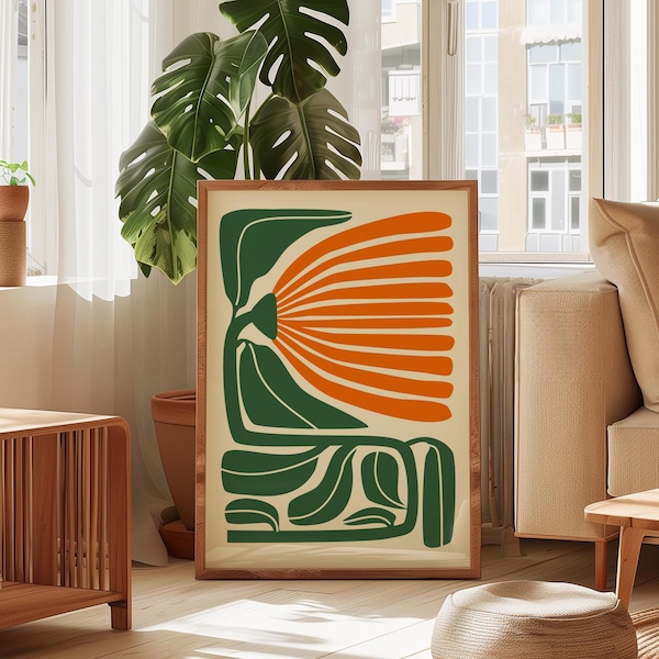 Art mural numérique fleur rétro Art mural floral abstrait bohème Art mural botanique audacieux vert orange, décor végétal moderne du milieu du siècle, imprimable.