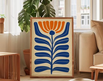 Retro Flower Digital Wall Art Boho Abstract Flower Wall Art Blue Orange Botanical Wall Art for Mom Mid Century Modern Plant Decor Printable.