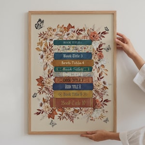 Puede incluir: Un cuadro enmarcado con una pila de libros con títulos como "Book Title 2" y "Book Title 3." Los libros están rodeados de ilustraciones florales y mariposas en tonos marrón, beige y verde. El marco es de madera clara.