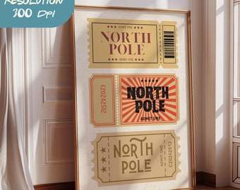 Christmas North Pole Ticket Print Poster Vintage Inspired Christmas North Pole Ticket Wall Art Minimalist Digital Download Jpg file.