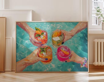 Summer Cocktail Print Cheers Cocktail Wall Art Salud Salute Prost Sante Printable Modern Kitchen Dining Bar Dorm Room Wall Decor Print.
