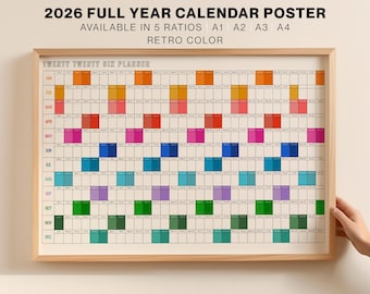 Calendrier 2026 rétro 2026, calendrier mural horizontal horizontal 2026, agenda mensuel coloré, calendrier annuel perpétuel à téléchargement numérique.