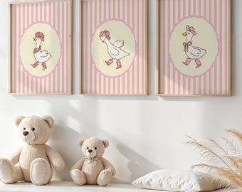 Silly Goose Nursery Wall Art Set of 3 Duck Girl Nursery Decor Coquette Goose Pink Bow Wall Art Cute Pink Playroom Printable Digital Art.