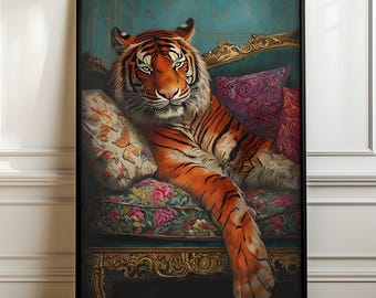 Art mural tigre porte-bonheur, impression d'art de l'année du tigre, affiche d'animaux bohèmes, décoration d'animaux audacieux, conception murale exotique, téléchargement numérique imprimable.