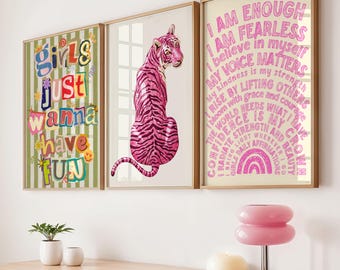 3 Prints Girls Daily Affirmations Wall Art Girls Motivational Inspirational Poster Dorm Apartment Decor Girlhood Print Pink Tiger Poster.