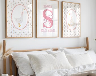 Silly Goose, set di 3 decorazioni murali con nome personalizzato per cameretta delle bambine, set di decorazioni murali con monogramma e iniziali personalizzate, per la decorazione della cameretta dei bambini, download digitale.