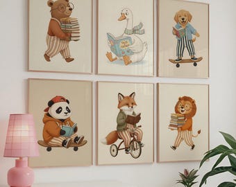 Animal Reading Print Set of 6 Kids Bookish Art Print Gender Neutral Nursery Decor Cute Toddler Print Silly Goose Bear Book Lover Wall Decor.