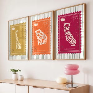 Custom USA State Map Stamp Wall Art Set of 3 Personalized Map Poster California New York Map Print Wall Hanging Maps Retro State Posters.