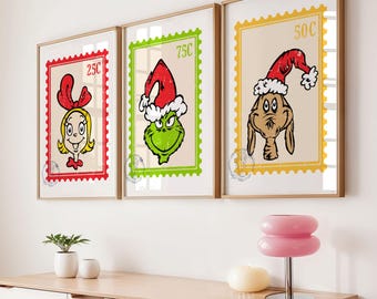 Grinch Stamp Wall Art Set of 3 Christmas Grinch Wall Print Set Grinchmas Wall Printable Shristmas Stamp Print Set Digital Download.